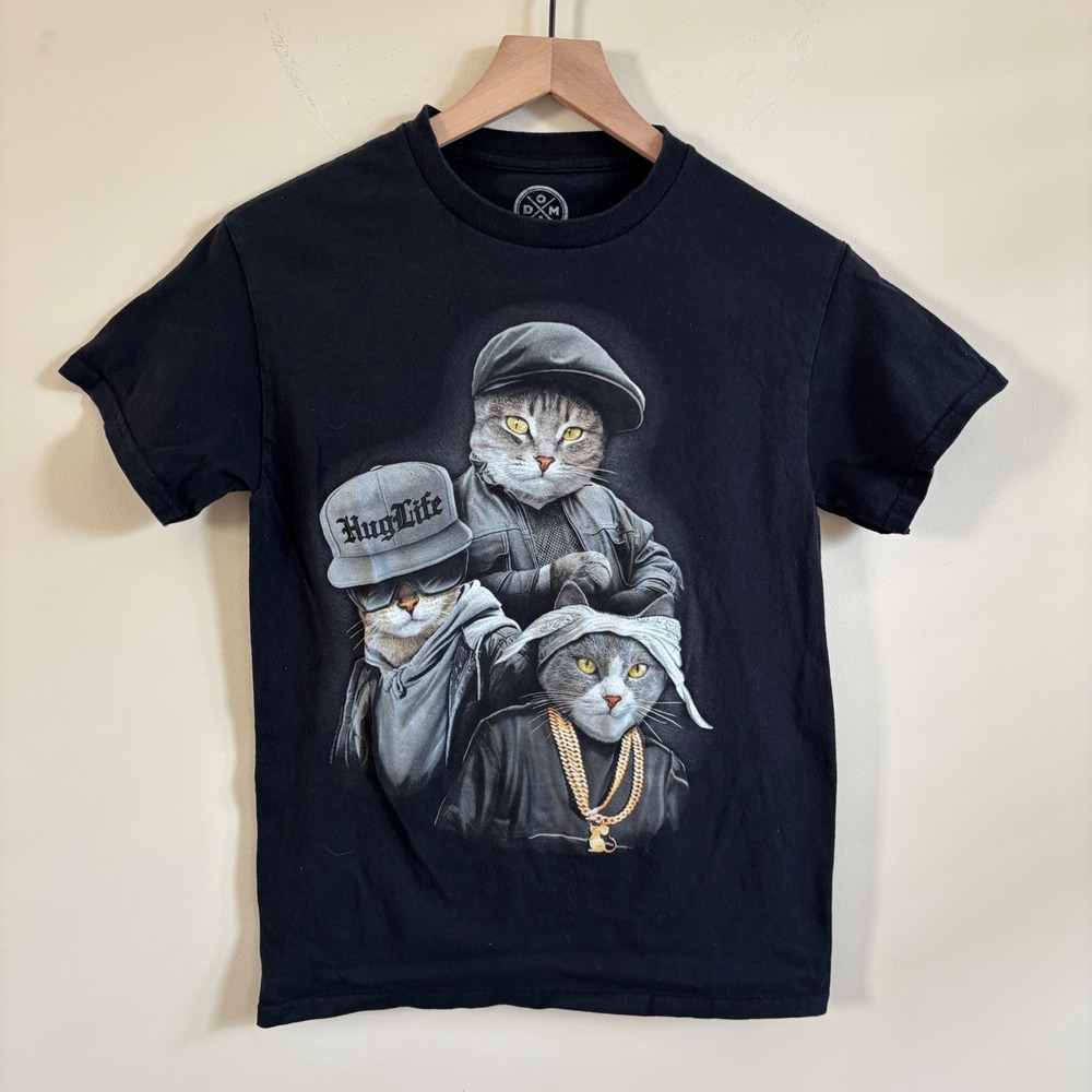 Dom Hug Life Cat Gangster Graphic T-Shirt Black Small Streetwear Parody Tee